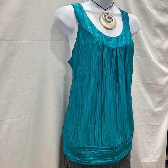 Y2K Glam Byer California Teal Crinkle Halter Top Ring Back Tank Made in USA M - Picture 6 of 8